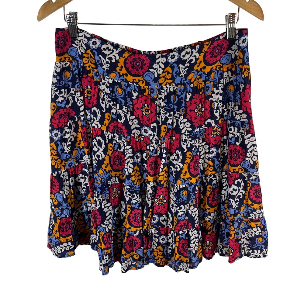 Maeve Anthropologie Floral Paisley Tiered Mini Skirt Navy Pink Orange Large‎